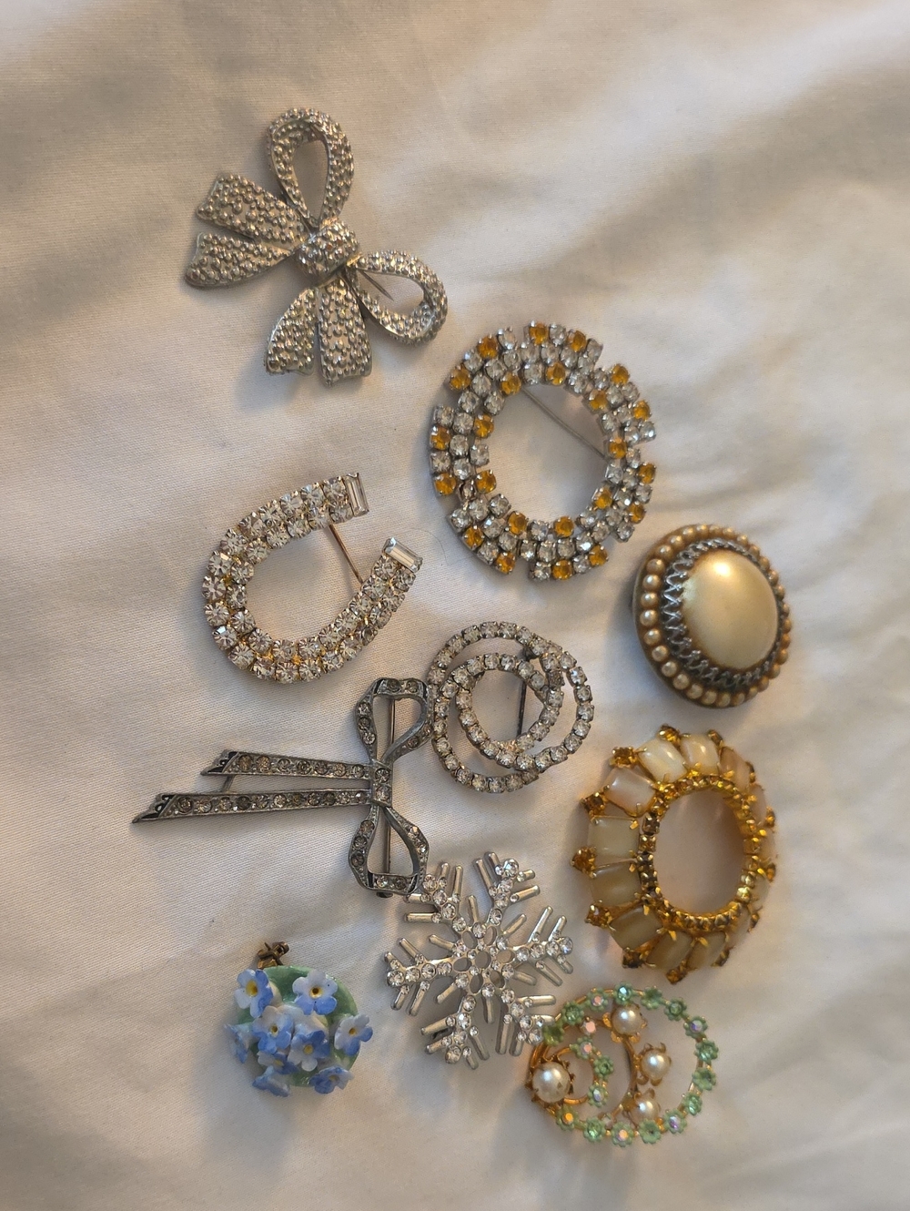 Assorted Crystal and Pearl Brooch Set - Silver, Gold, Pearl Accents